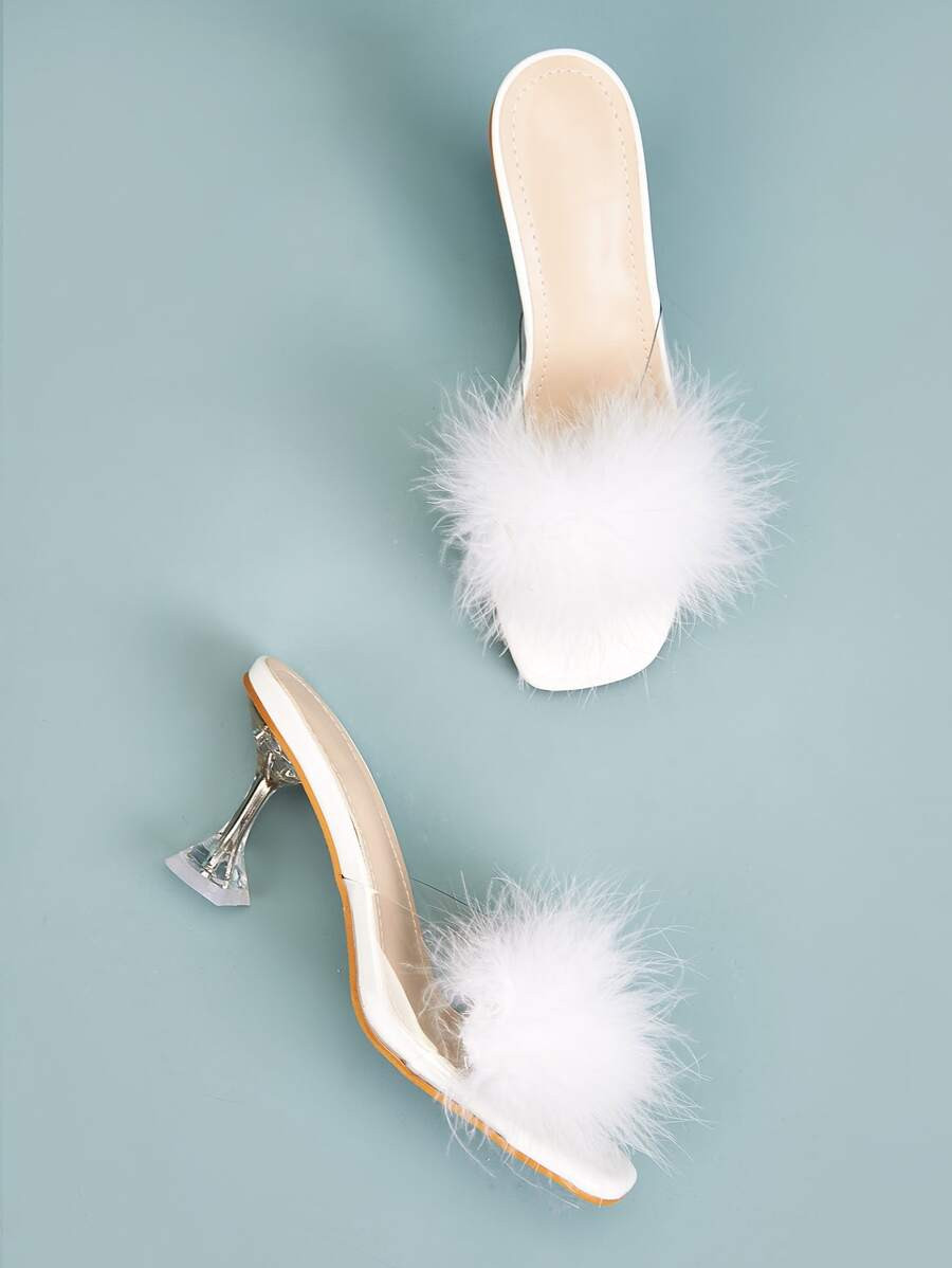 CUCCOO CHICEST Turkey Feather Heeled Mules, White Party Solid Color Women's High-Heeled Sandals F... | SHEIN