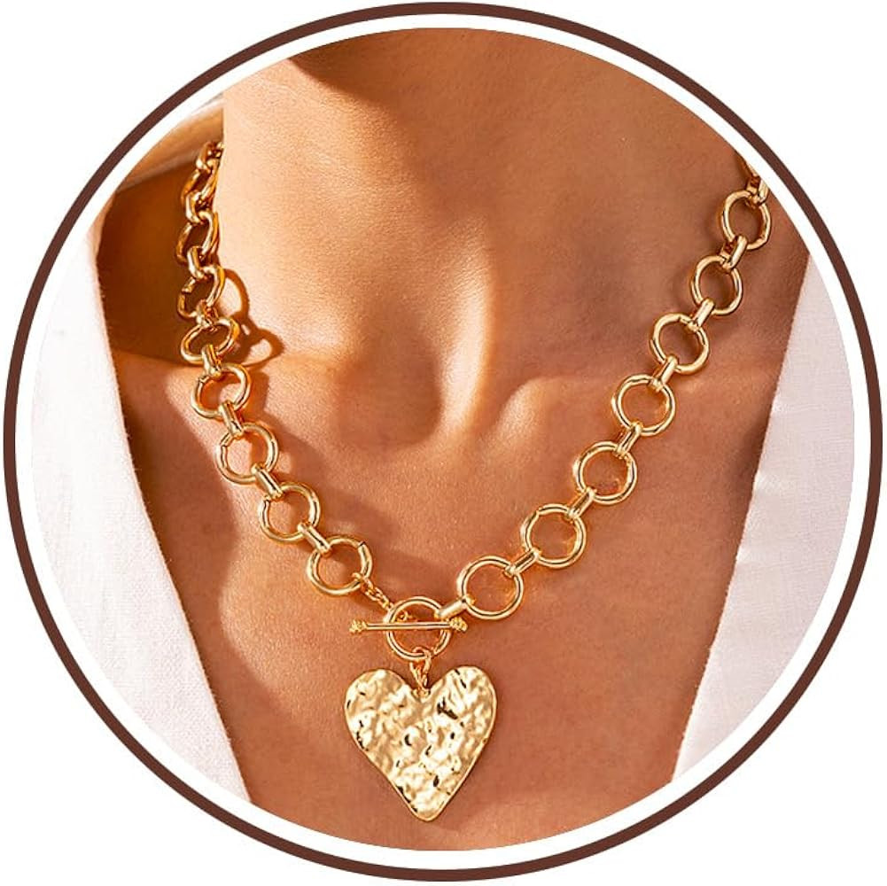 Robaice Chunky Gold Heart Necklace for Women\uff0c14K Gold Plated Chunky Heart Pendant Bold Chain... | Amazon (US)