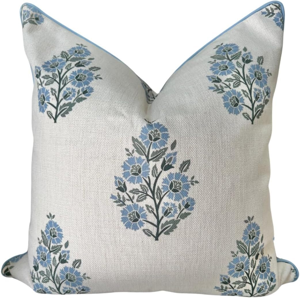 “The Camille” Decorative Pillow Cover – Blue & Whitel Floral Block Print Pillow Cover – G... | Amazon (US)