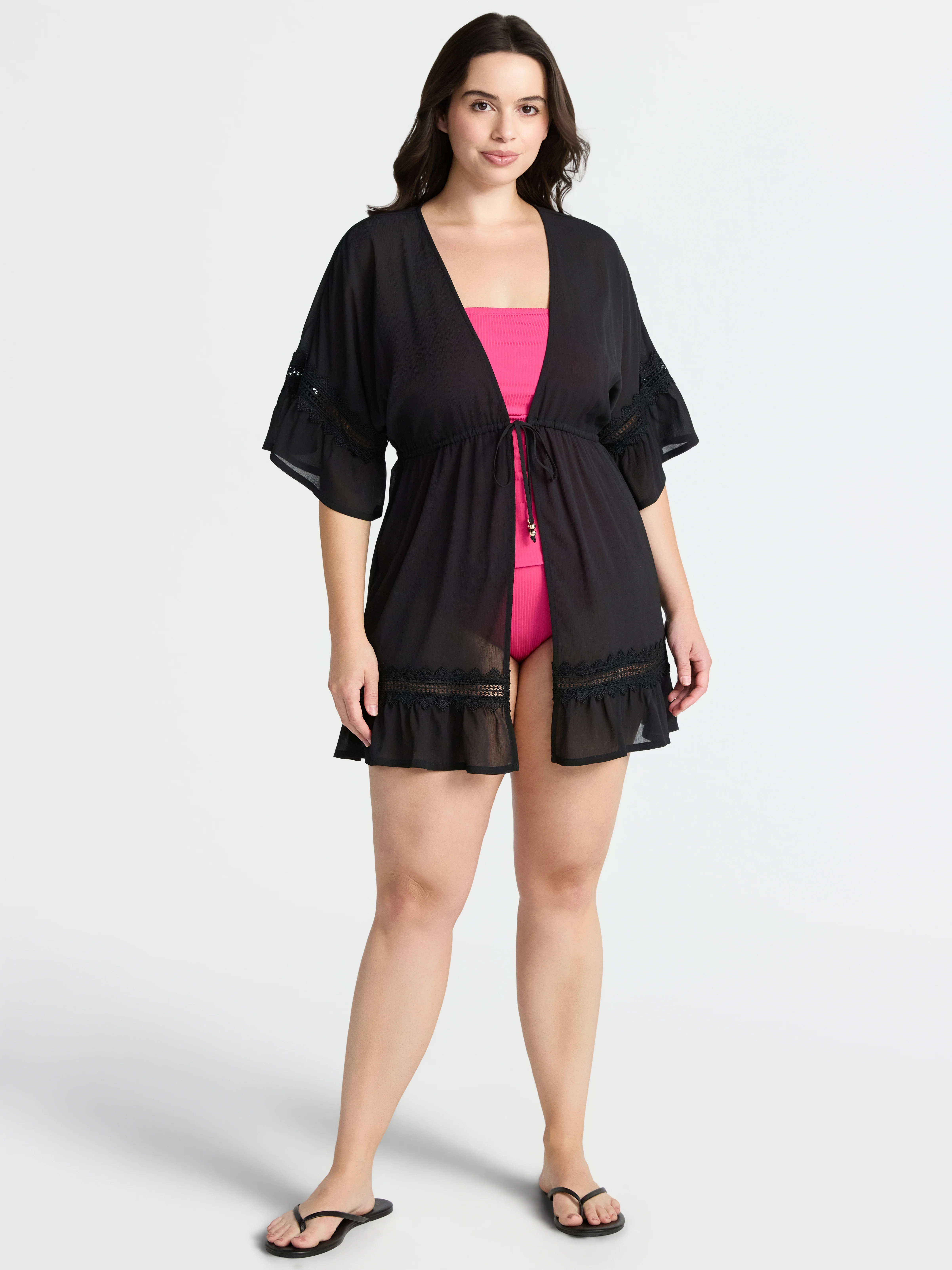 Time and Tru Women's and Women's Plus Chiffon Ruffle Trim Swim Coverup, Sizes XS-3X - Walmart.com | Walmart (US)