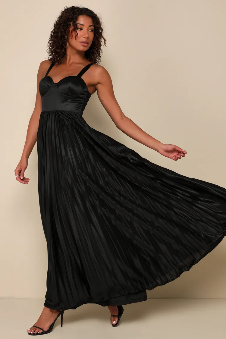 Luxurious Flair Black Satin Pleated Bustier Maxi Dress | Lulus