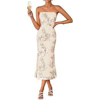 ZESICA Women's Summer Strapless Floral Midi Dress 2026 Bodycon Mesh Tube Wedding Guest Cocktail P... | Amazon (US)