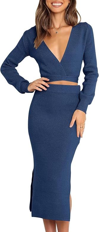 LOGENE Women's 2 Piece Outfit V Neck Open Back Ribbed Knit Sweater with Belt Split Bodycon Dress ... | Amazon (US)