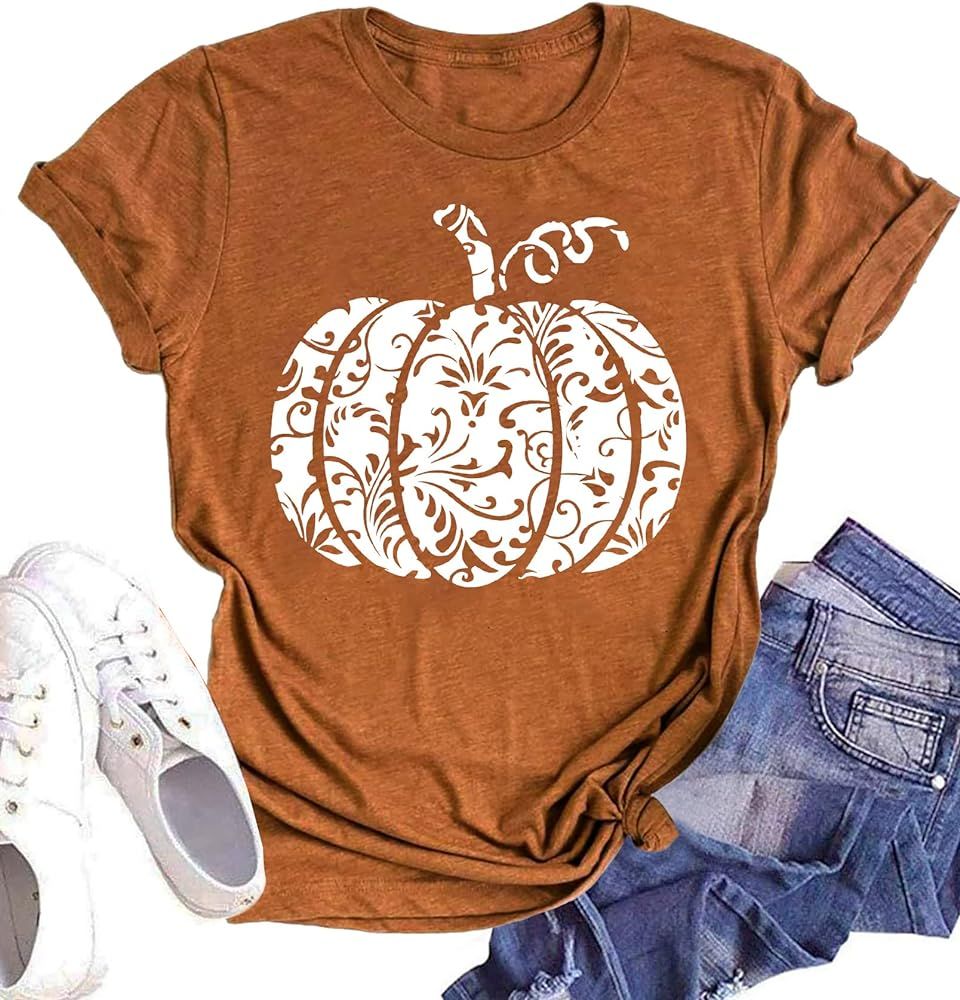 Halloween Pumpkin Shirt Women Leopard Graphic Tees Short Sleeve Fall T-Shirt Thanksgiving Gift Tops | Amazon (US)