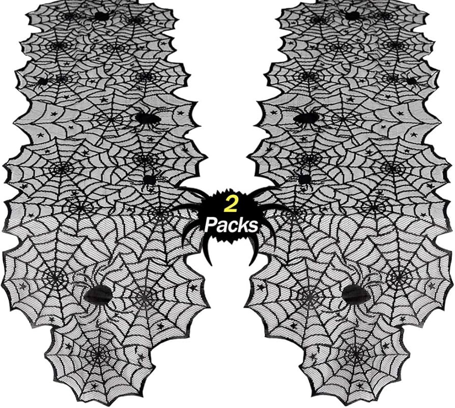 Amazon.com: B-COOL Halloween Table Runners Lace 2 Packs Black Spider Web Linens Polyester Gatheri... | Amazon (US)