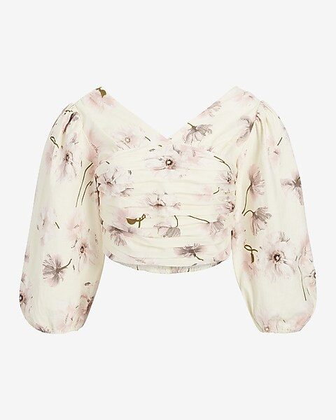 Poppies Print Linen-Blend Ruched Cropped Top | Express