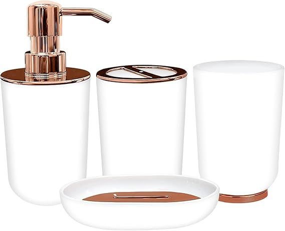 Bathroom Accessories Set, Toothbrush Holder, Soap Dispenser, Rose Gold and White, 4 Piece | Amazon (US)