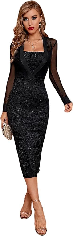Floerns Women's Glitter Square Neck Mesh Long Sleeve Bodycon Midi Party Dress | Amazon (US)