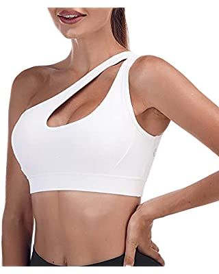 Left One Shoulder Sports Bra, Sexy Cute Workout Yoga Top Padded Removable Post-Surgery Wirefree M... | Amazon (US)