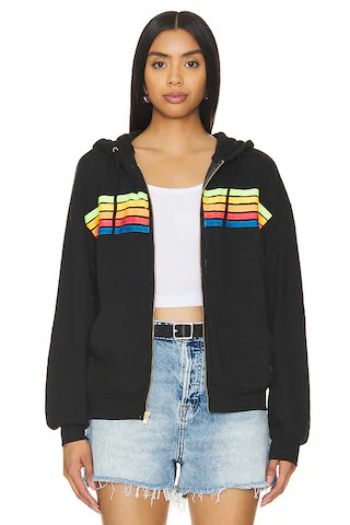 Aviator Nation 5 Stripe Zip Hoodie in Black & Neon Rainbow from Revolve.com | Revolve Clothing (Global)