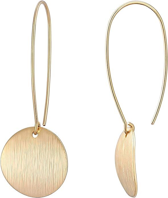 Circle Disc Dangle Drop Hanging Earrings Long Hoops Geometric Brushed Gold Round Curved 18K Gold ... | Amazon (US)