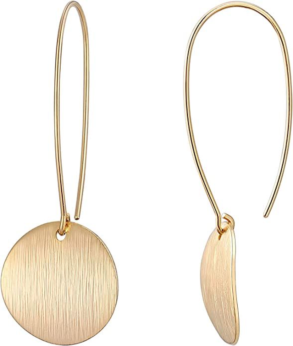 Circle Disc Dangle Drop Hanging Earrings Long Hoops Geometric Brushed Gold Round Curved 18K Gold ... | Amazon (US)