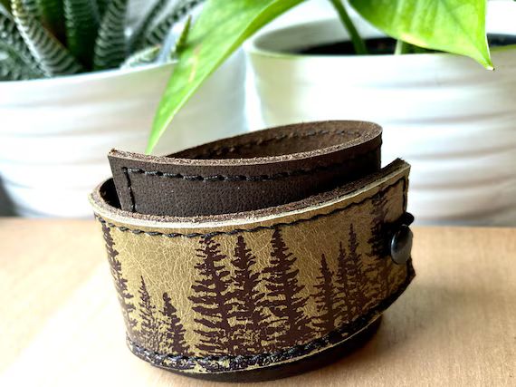 Leather Cuff Bracelet Wrap, Wilderness Pine Tree Print in Olive Taupe, Adjustable Size | Etsy (US)