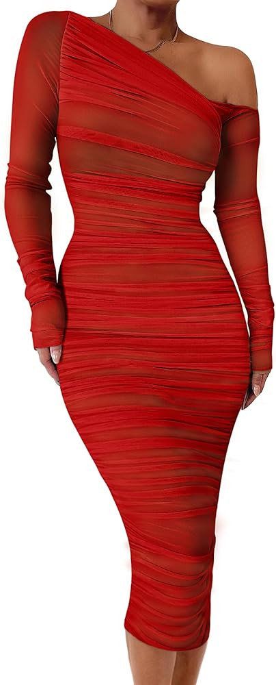 GOKATOSAU Women's Elegant Long Sleeve One Off Shoulder Mesh Full Ruched Bodycon Midi Dress | Amazon (US)