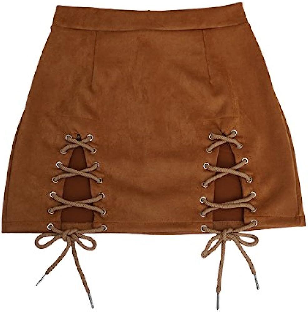 Meyeeka Womens Sexy High Waist Lace Up Bodycon Faux Suede Split Tight Mini Skirt | Amazon (US)
