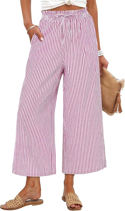ANRABESS Womens Striped Gingham Palazzo Capri Pants Pajama Wide Leg Lounge Trousers Plaid Cute Cr... | Amazon (US)