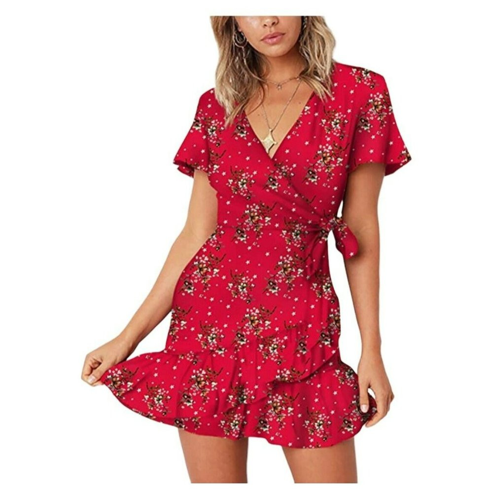 Relipop Summer Wrap Short Sleeve Floral Print Dress V Neck Casual Short sleeve M | Poshmark