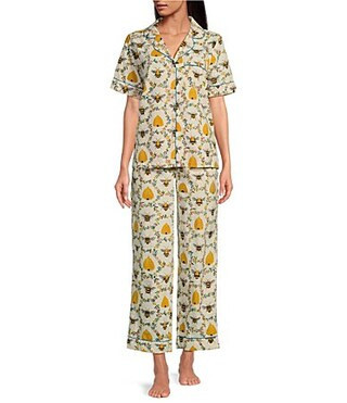 Printfresh Woven Organic Cotton Poplin Sweet Bee Print Short Sleeve Notch Collar Cropped Pajama Set - S | Dillard's