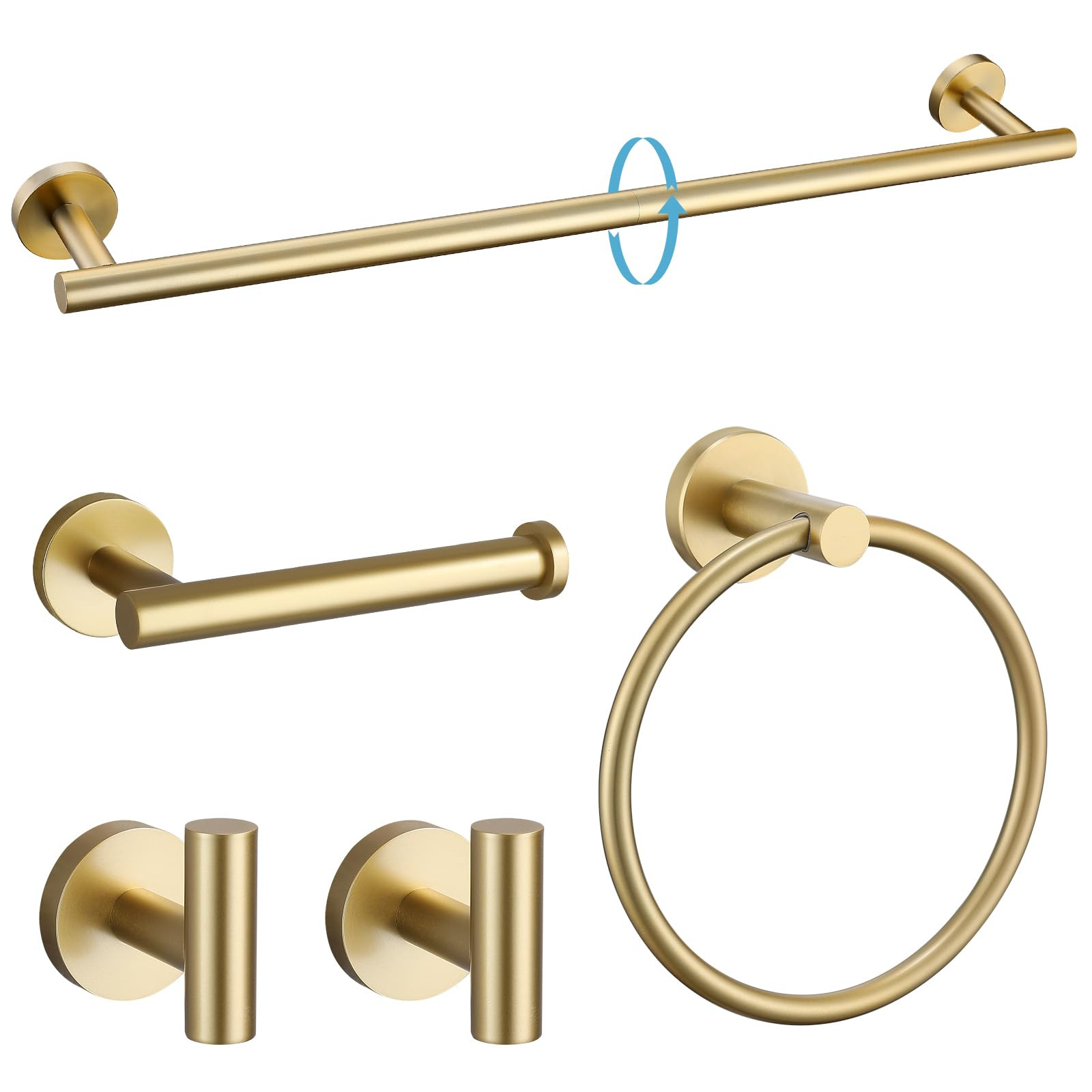 TURS Brushed Gold 5 Piece Bathroom Hardware Set, SUS304 Stainless Steel 24 Inch Bath Towel Bar Set, Round Bathroom Accessories Kit Wall Mounted | Amazon (US)