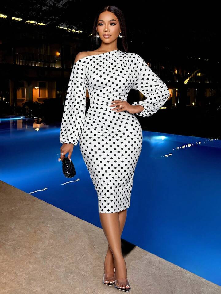SOLERSUN Women'sParty Valentine's Day Ball French White Polka Dot Pattern Off Shoulder Long Sleeve Knitted Hip Cover Old Money Style New Year's Eve Sexy Casual Women's Midi Dress Maxi Women Outfit Sexy Romantic Valentine's Day Date Spring And Summer New Style Elegant Commuter Business Fasching/Karneval Fall Women Clothes Winter Women Clothes Homecoming Dress Thanksgiving Women Outfit Back To School Clothes Teacher Outfits, Christmas | SHEIN
