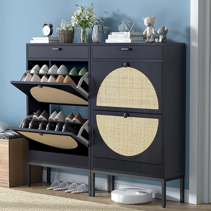 Brafab Shoe Cabinet, Shoe Rack Storage Organizer with 2 Flip Drawers, Natural Rattan Weave Shoe S... | Amazon (US)