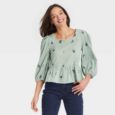 Women's Balloon 3/4 Sleeve Embroidered Peplum Blouse - Universal Thread™ Light Green Fl... | Target