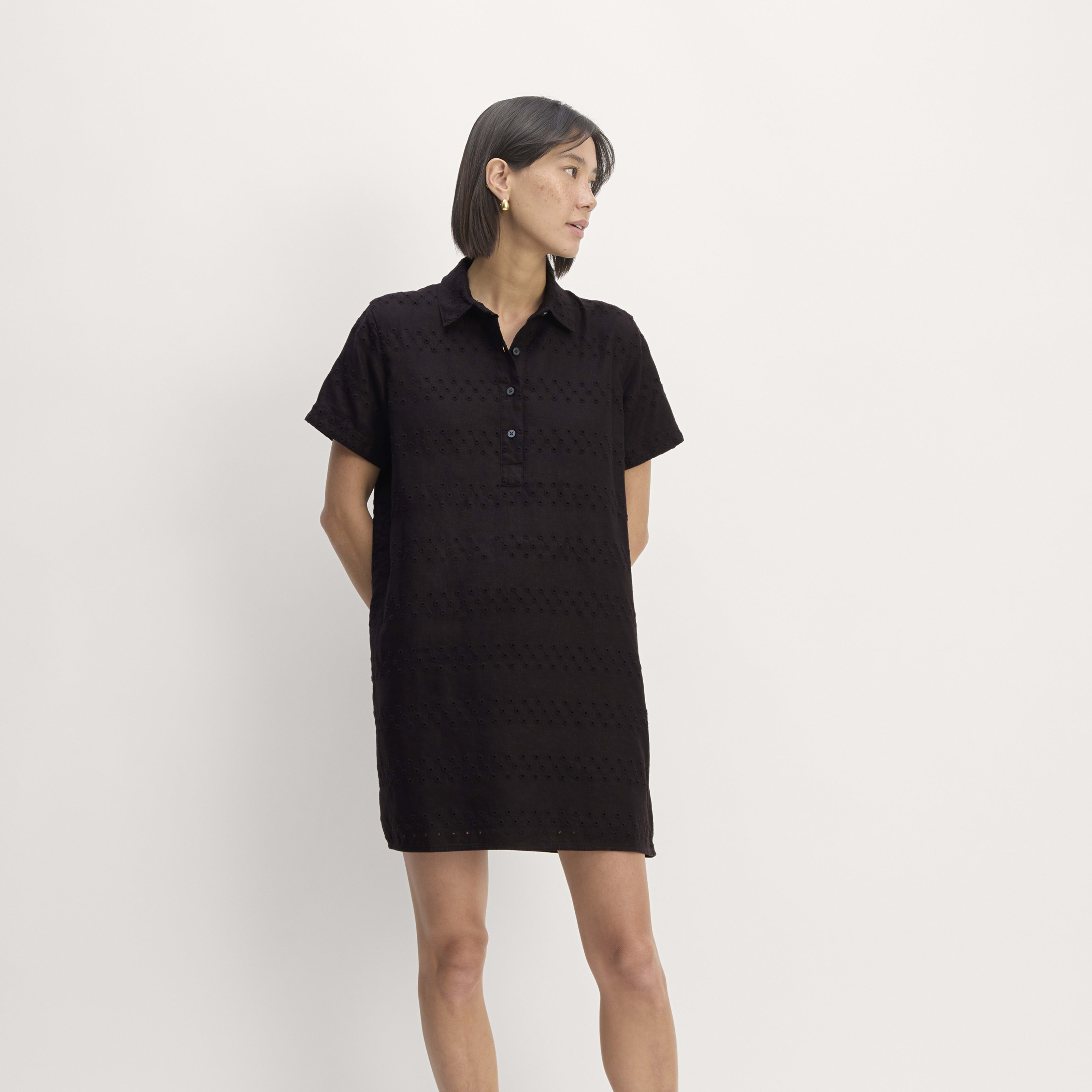 Women's Linen Eyelet Shirtdress by Everlane in Black Eyelet, Size XXS | Everlane