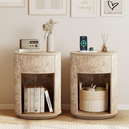 Side Table with Drawer, Round Bedside Table with Open Shelf, Farmhouse Burl Wood Nightstand Accen... | Amazon (US)