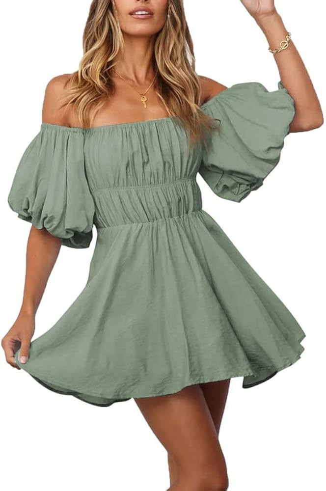 Dokotoo Womens Off Shoulder Summer Dresses Short Lantern Sleeve Ruffle Elastic Waist A-Line Casual M | Amazon (US)