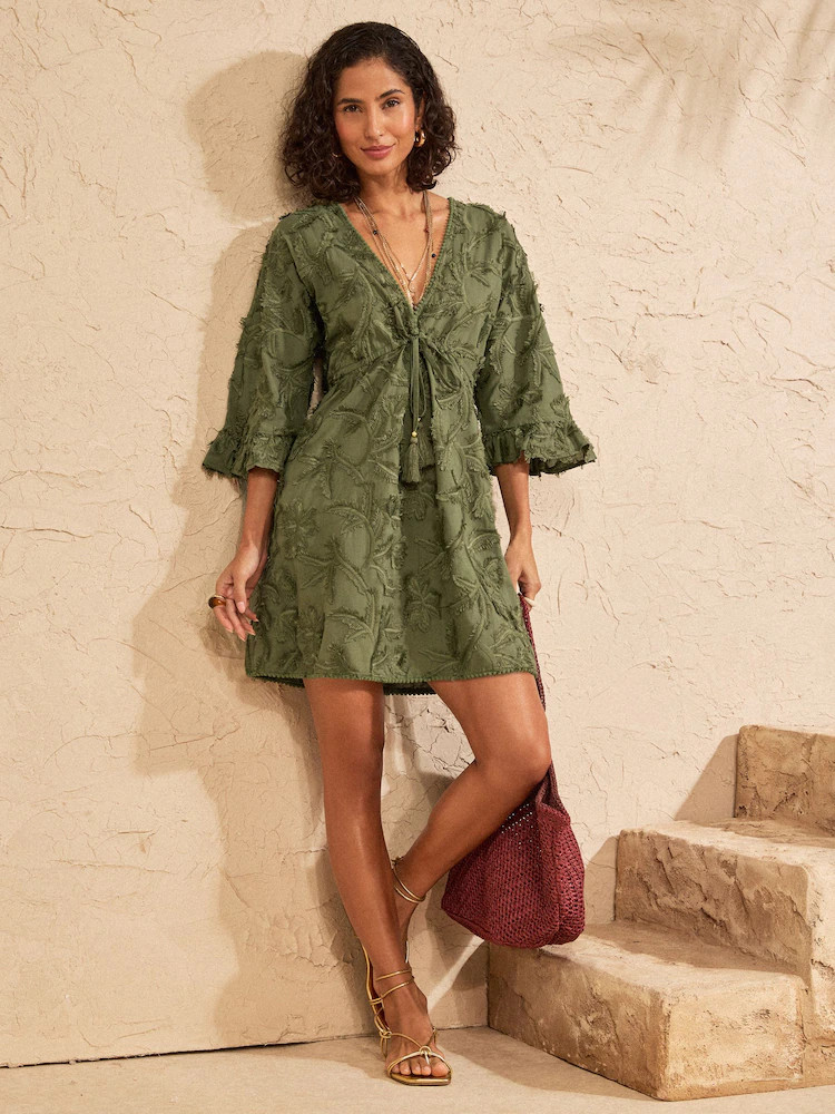 Love & Roses Khaki Green Palm 3D Tufted Beach Kaftan Cover-Up | Next US