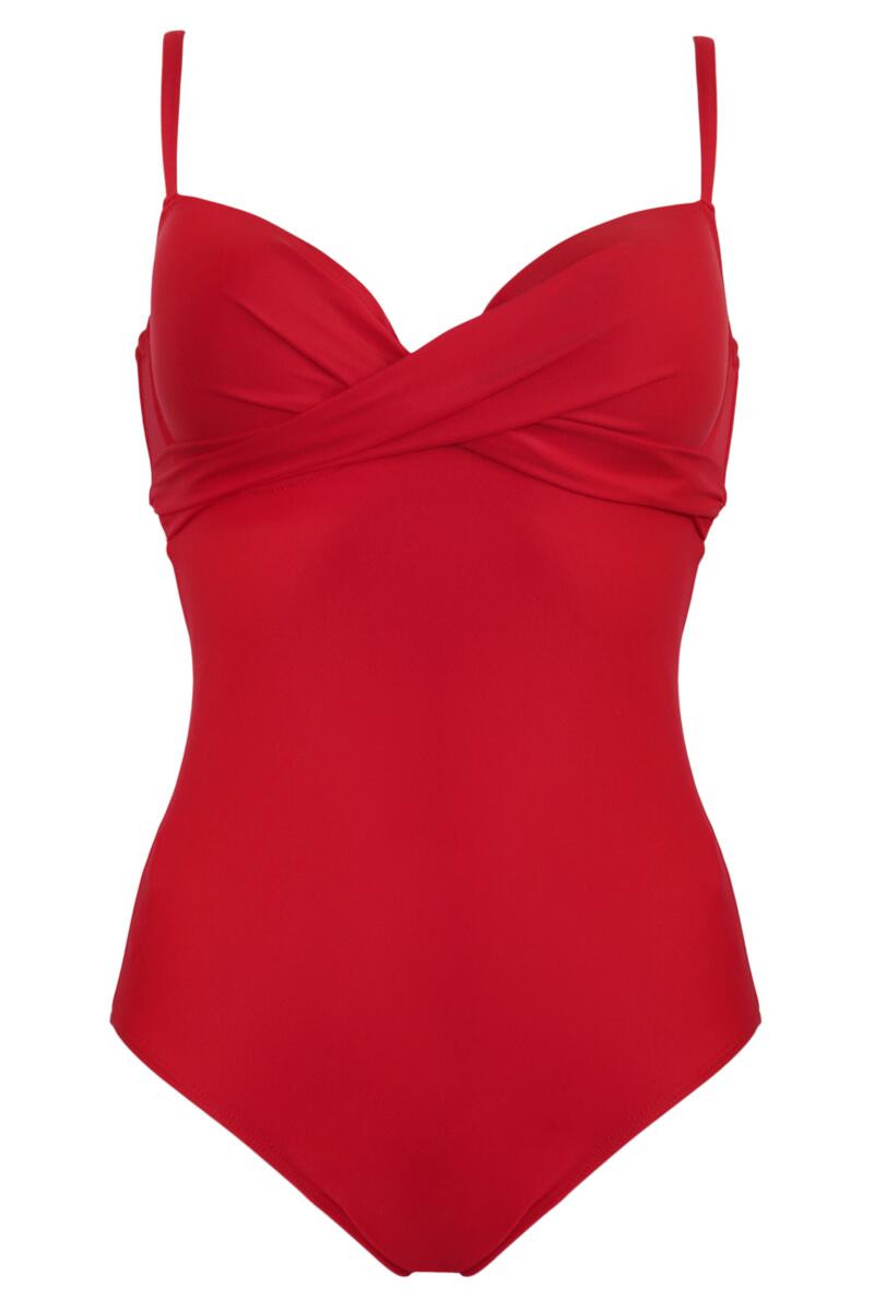 Lightly Padded Underwired Twist Front Tummy Control Swimsuit  - Red | Pour Moi