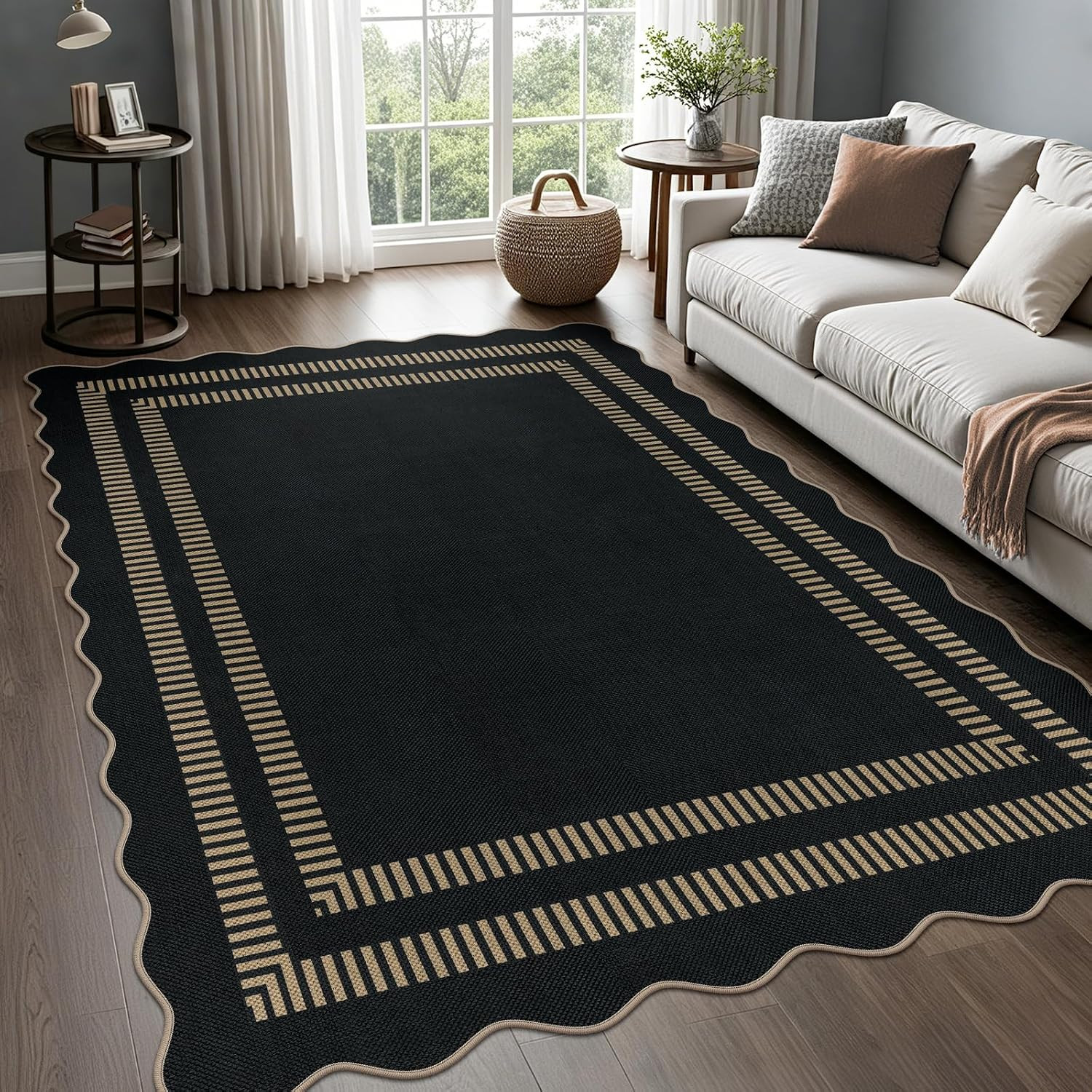 Scalloped Modern Easy Jute Carpet, 5x7 Outdoor Patio Washable Area Rug, Indoor Black Kitchen Rugs Farmhouse Neutral Non Slip Rug for Living Room Patio Entryway | Amazon (US)