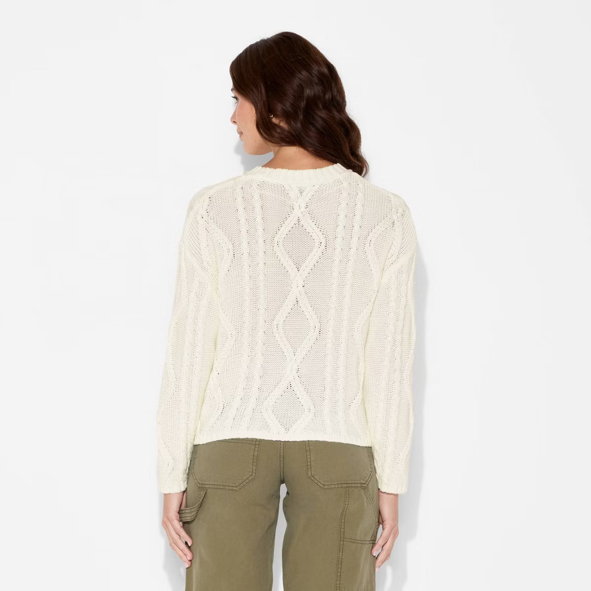 Women's Crewneck Cotton Cable Pullover Sweater - Wild Fable™ Cream XXL | Target