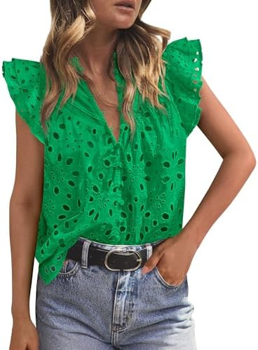 PRETTYGARDEN Womens Summer Tops 2026 Dressy Casual Ruffle Cap Sleeve Button V Neck Embroidered Ey... | Amazon (US)