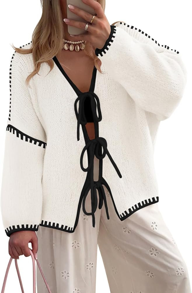 ZESICA Crdigans for Women Trendy 2026 Tie Front Bow Sweaters Casual Long Sleeve Winter Clothing C... | Amazon (US)