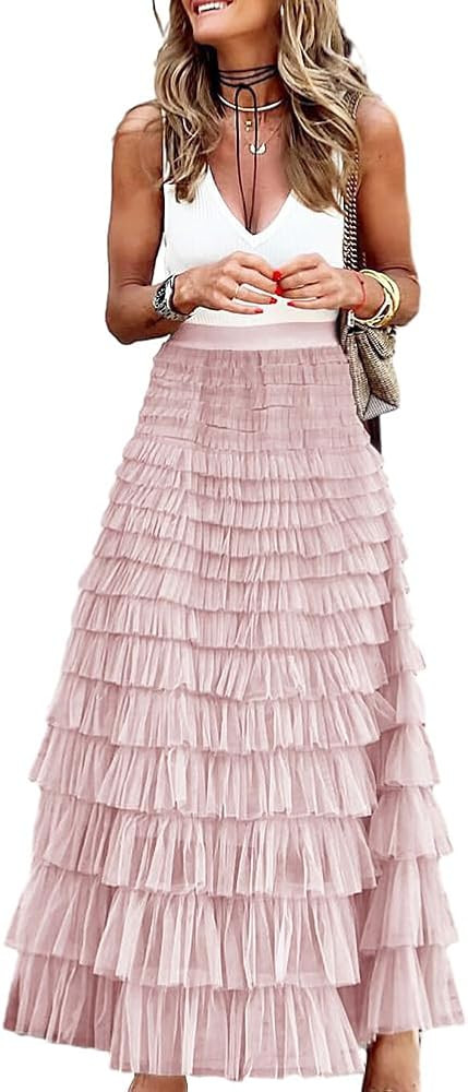 Long Tulle Skirt for Women Trendy High Waisted A Line Fluffy Fairy Mesh Layered Ruffle Skirt | Amazon (US)