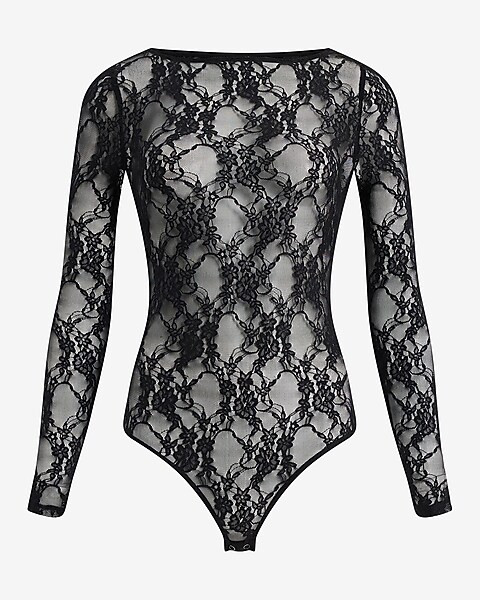 Sheer Lace Long Sleeve Bodysuit | Express