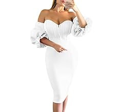 Memoriesea Women's Sexy Off Shoulder Bodycon Lantern Sleeve Front Hook Midi Party Dress | Amazon (US)
