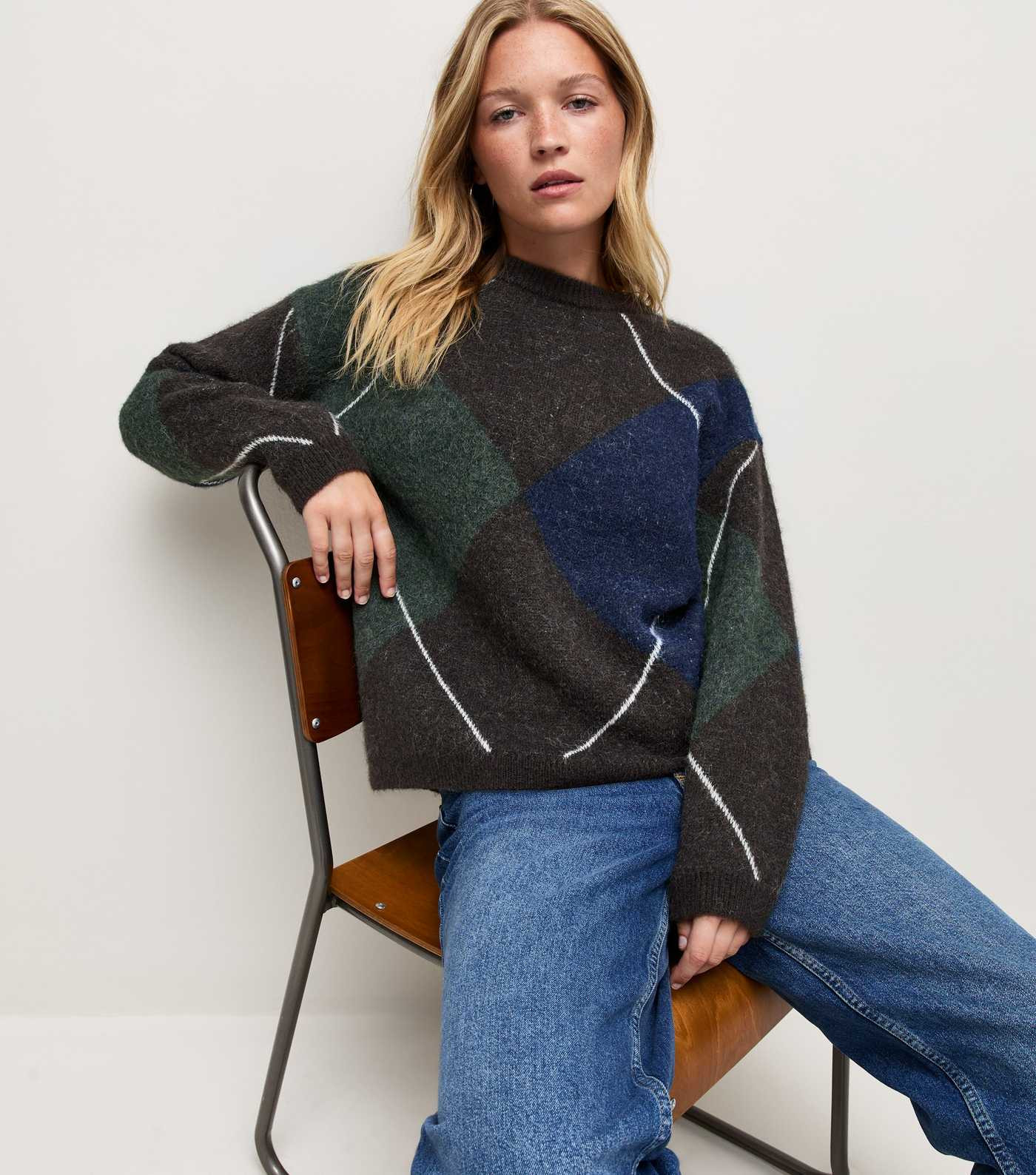 Grey Argyle Knit Crew Neck Jumper with Wool | New Look | New Look (UK)