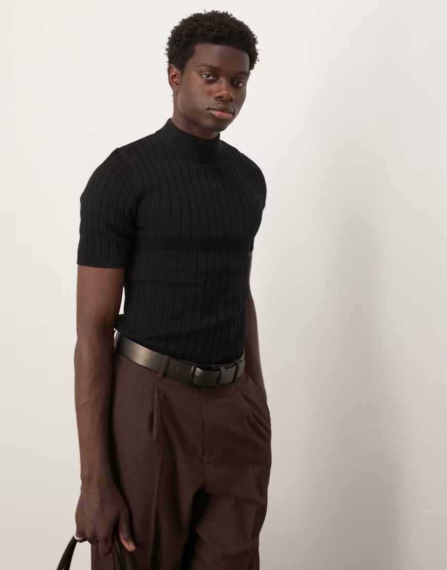 ASOS DESIGN muscle fit knitted rib turtle neck t-shirt in black | ASOS (Global)