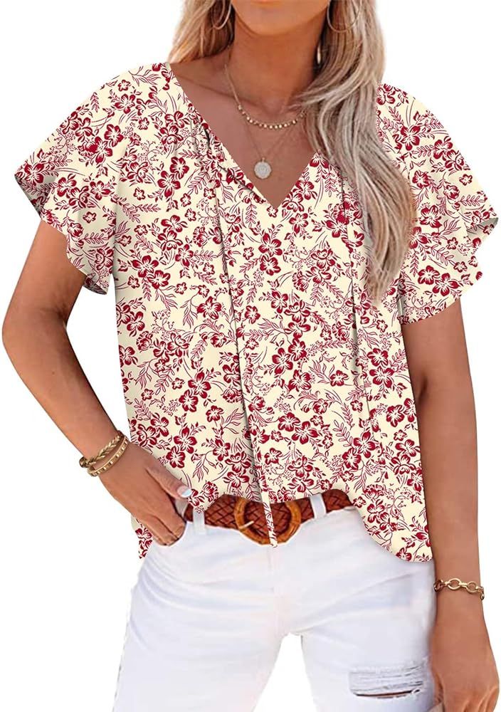 Anydoll Womens 2024 Summer Tops Casual Short Sleeve Blouse V Neck Chiffon Tunic Boho Trendy Loose... | Amazon (US)