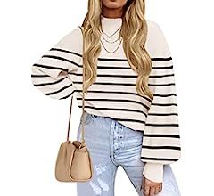ZESICA Women's 2023 Fall Fashion Turtleneck Long Sleeve Striped Ribbed Knit Loose Pullover Sweate... | Amazon (US)