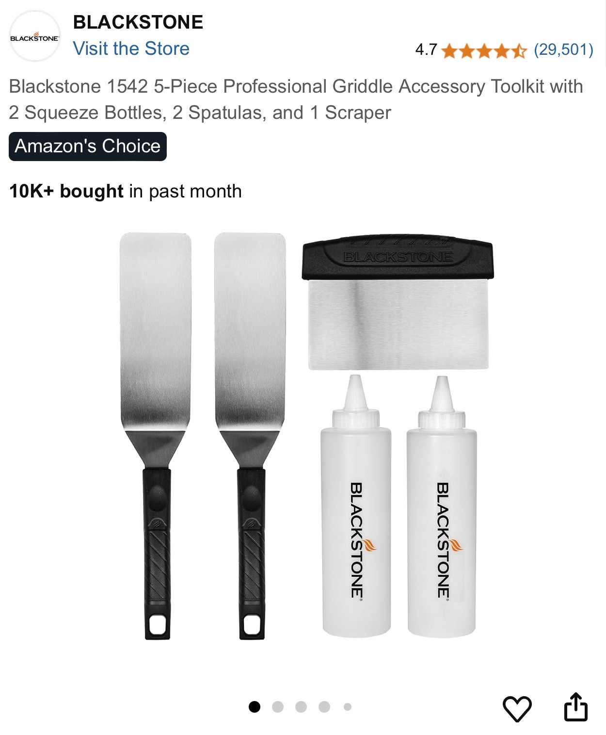 Blackstone 1542 5-Piece Professional Griddle Accessory Toolkit with 2 Squeeze Bottles, 2 Spatulas, and 1 Scraper 

#LTKFindsUnder50 #LTKHome #LTKSaleAlert