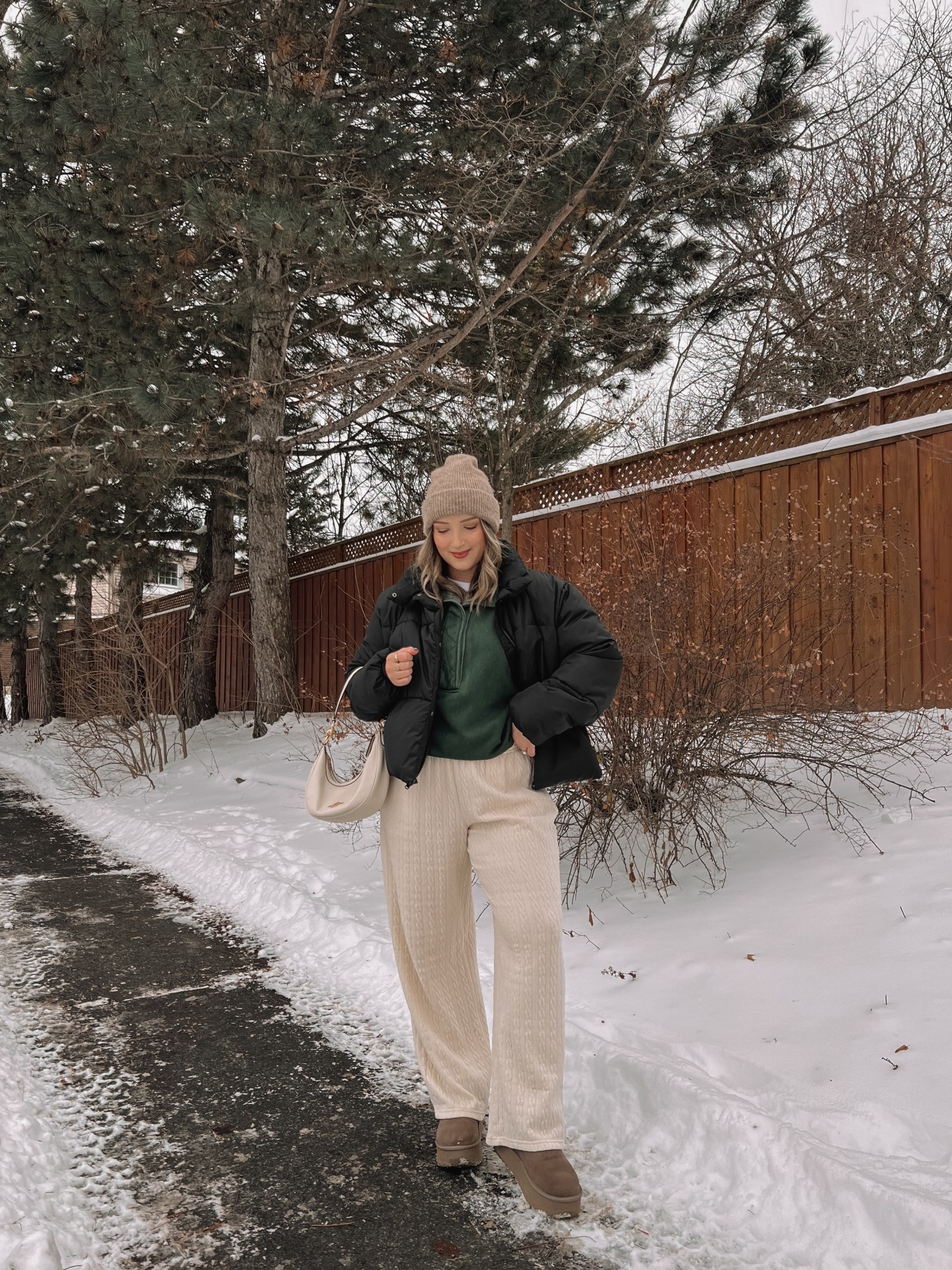 Comfy casual winter errands outfit! Wearing my usual size L in the cream cable knit wide leg pants, white tee, dark green sweatshirt, and black puffer jacket. My Ugg style boots are Amazon and such good quality, I’m usually a 9.5-10 and wear a 10. Canadian puffer jacket link under “similar products"


#LTKsale #LTKwinter #LTKmidsize