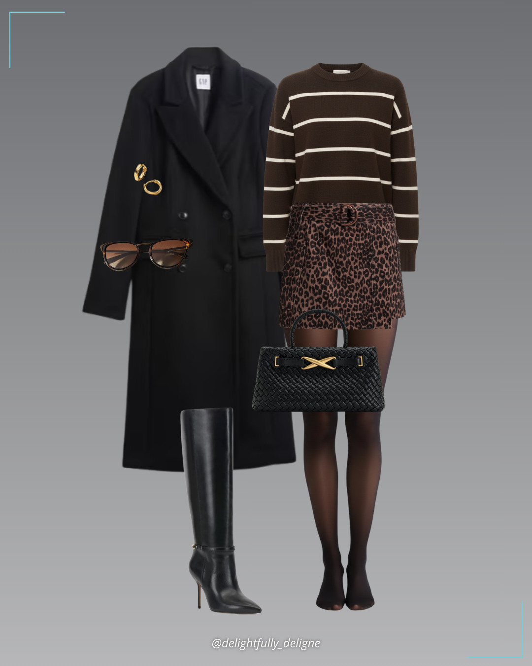 Date Night Cozy 🤎🖤Knit striped sweater in brown, leopard print stretch-cotton mini skirt, black wool-blend Chesterfield coat, black knee-high boots, woven tote bag, cat-eye sunglasses, twisted huggie earrings & opaque tights. 

 #LTKgrwm #LTKootd #LTKOver40