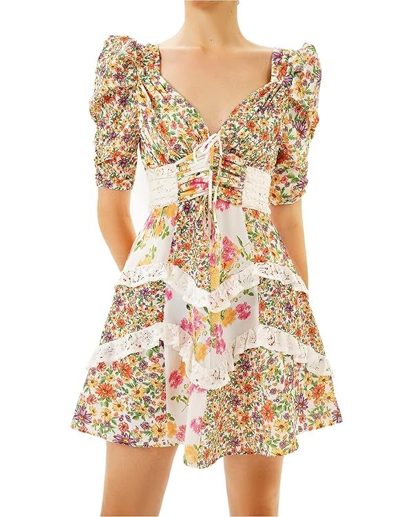 Women's V Neck Floral Dress Casual Dress Long Sleeve Dress Puff Sleeve Dress A Line Dresses for W... | Amazon (US)
