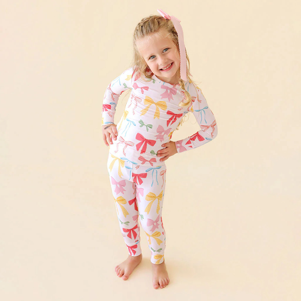 Bows Pink Long Sleeve Toddler Pajamas | Shawna | Posh Peanut