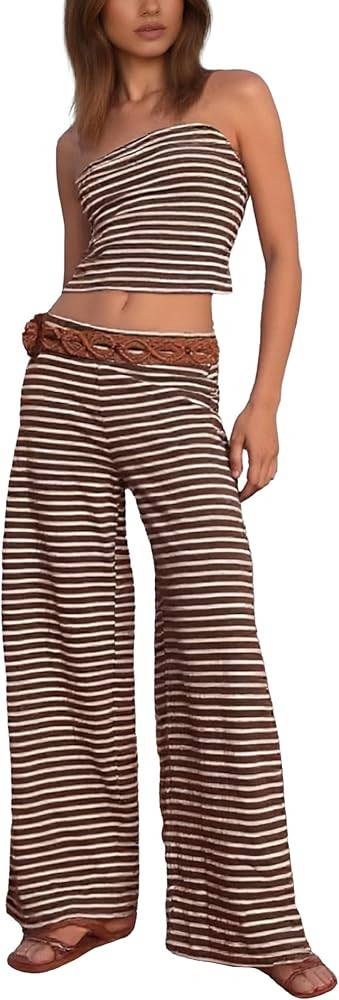 Women Striped Tube Sets Two Piece Outfits Strapless Crop Tops Elastic Waist Wide Leg Pants Lounge... | Amazon (US)