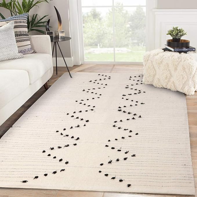 Moroccan Cotton Area Rug 4' x 6', KIMODE Woven Fringe Throw Rugs Cream and Black Modern Geometric... | Amazon (US)