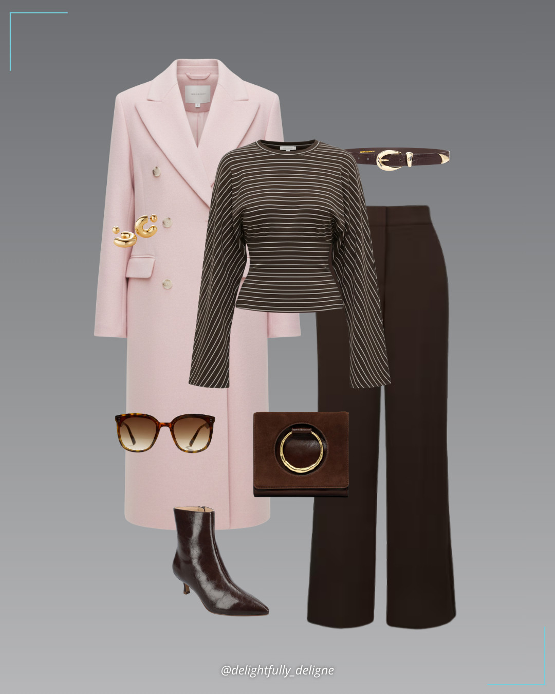 Dynamite Edit 🤎🩷Yasmin airflow straight-leg pants, striped dolman heavy cotton top, oversized double-breasted wool coat & flat wayfarer sunglasses, styled with leather ankle boots, a faux-croc leather belt, convertible crossbody bag & large hoop earrings. 

 #LTKgrwm #LTKootd #LTKOver40